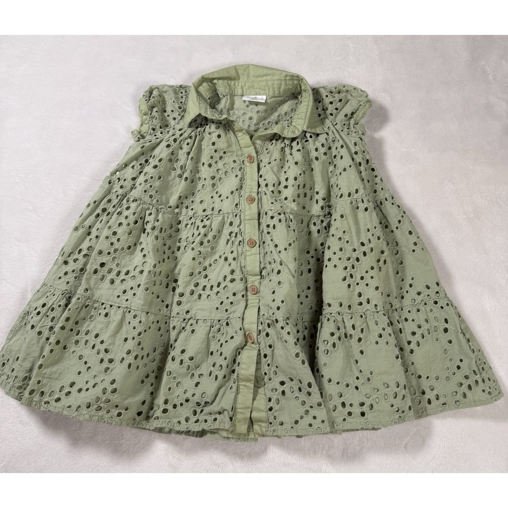 Happy Threads Girls Dress 5Y Green Eyelet Tiered Button Front Cottagecore